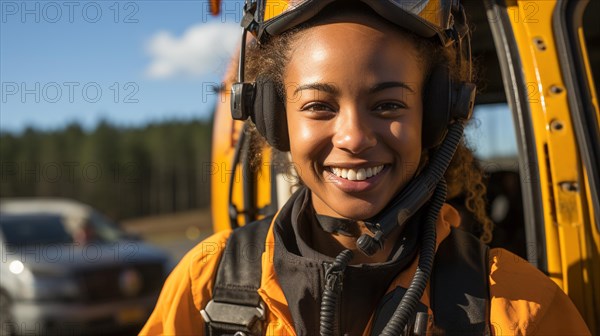 Female african american search and rescue helicopter pilot standing near her aircraft