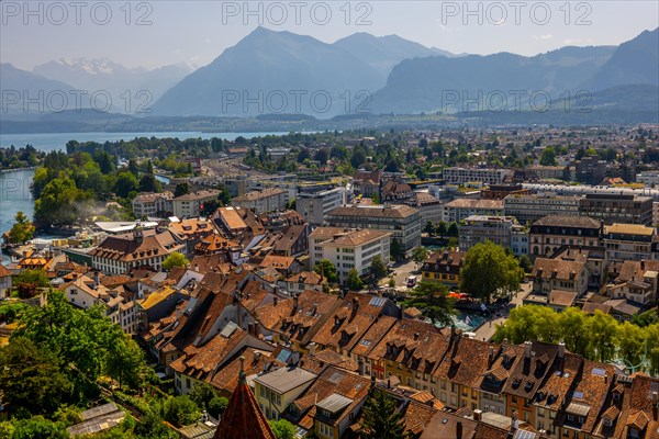 Aerial View over City of Thun and Lake with Mountain in a Sunny Day in Bernese Oberland