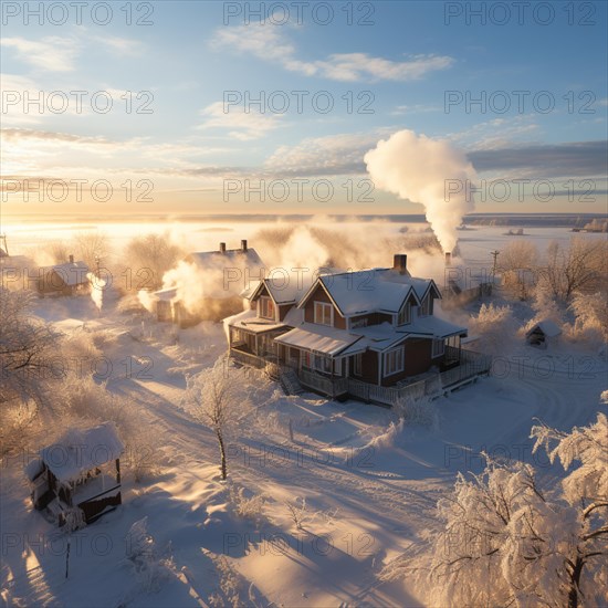 Aerial view of small settlement in winter with smoking chimneys