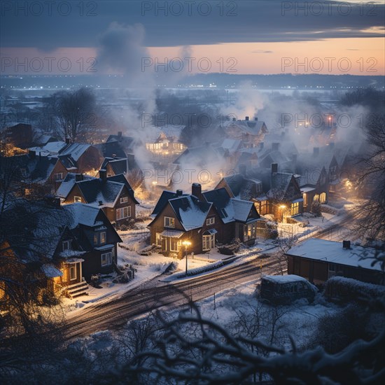 Aerial view of small settlement in winter with smoking chimneys