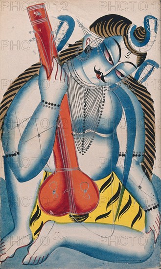 An intoxicated Shiva holding a sitar or tambura in the form of a lingam. Like all Hindu deities