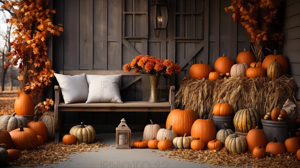 Fall and autumn beautifully decorated barn sitting area with pumpkins