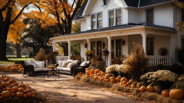 Fall and autumn beautifully decorated house porches with pumpkins