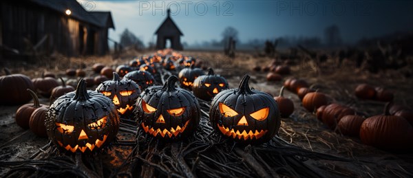 Spooky and fun collection of dozens of halloween carved pumpkins outside on hallows eve