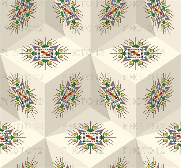 Decorative geometric repeating pattern inspired by Al-Qatt Al-Asiri traditional paintings