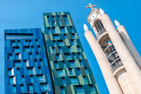 Mix of colored Towers next to the Orthodox Cathedral of the Resurrection of Christ near Skanderbeg Square in Tirana. Albania