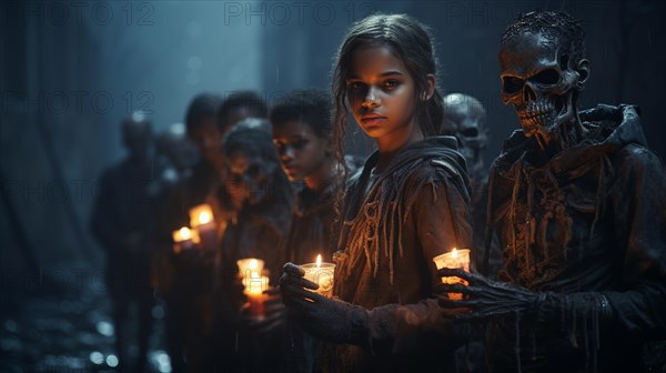 Scary and mysterious children carrying candles on a foggy halloween night