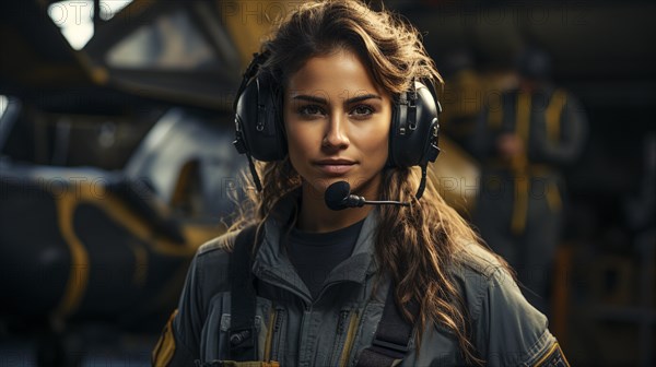 Female african american military helicopter pilot standing near her aircraft