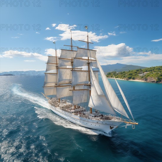 Aerial view modern multi-masted cruise sailing ship