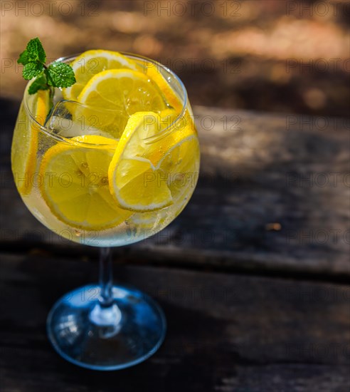 Top view of a glass with tonic