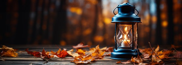 Warm and inviting lit vintage lantern resting on wood planks base outdoors in a fall setting