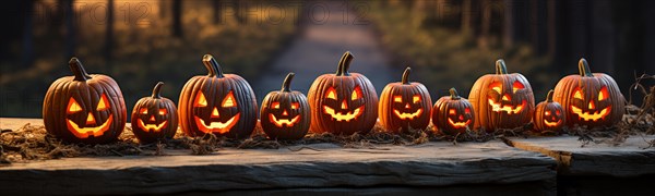 Spooky and fun collection of dozens of halloween carved pumpkins outside on hallows eve