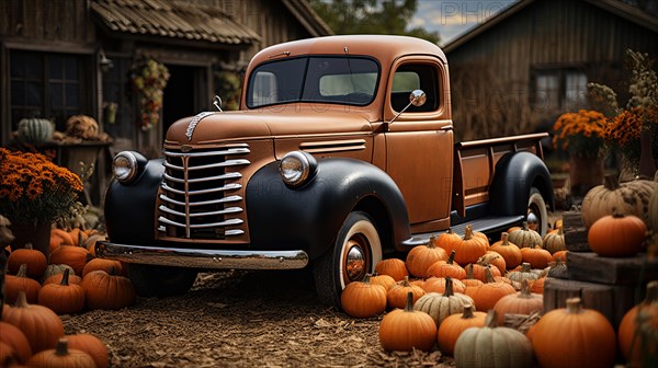 Pumpkins surround a vintage truck in a fall barn country setting