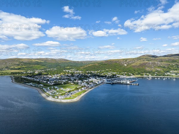 Aerial view of Loch Broom with the harbour town of Ullapool in the Northwest Highlands