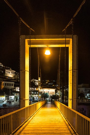 Interior of the bridge of the illuminated historic city of Berat in Albania