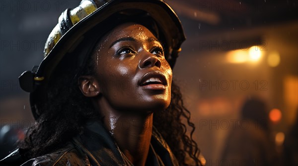 Female african american firefighter wearing protective helmet and gear at a fire incident