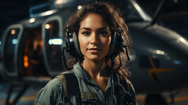 Female african american military helicopter pilot standing near her aircraft