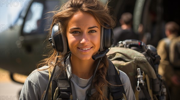 Female military helicopter pilot standing near her aircraft