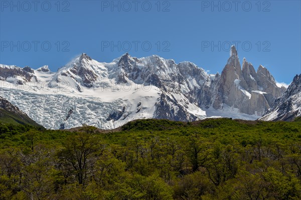 Panorama of Cerro Torre and Cerro Adela massif with its glaciers