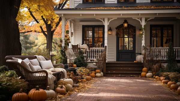 Fall and autumn beautifully decorated house porches with pumpkins