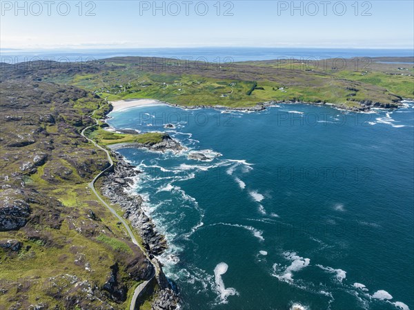 Aerial view of Clashnessie Bay and the single track road and scenic route B869