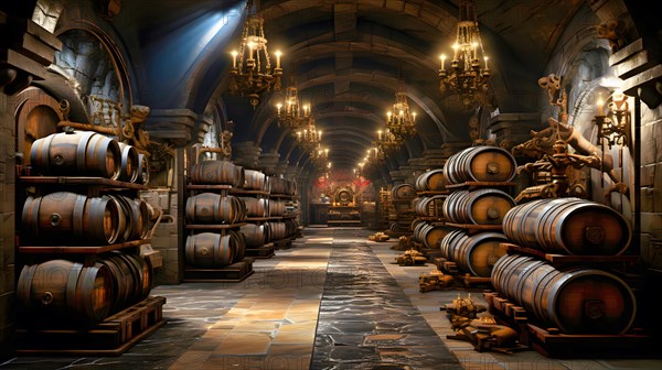 An old cellar filled with oak barrels for the storage and maturation of an alcoholic beverage