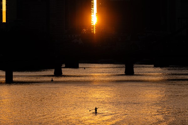Some stand-up paddlers paddle on the Main in Frankfurt shortly in front of sunset