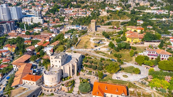 Aerial drone view of Kruje Castle and its fortress