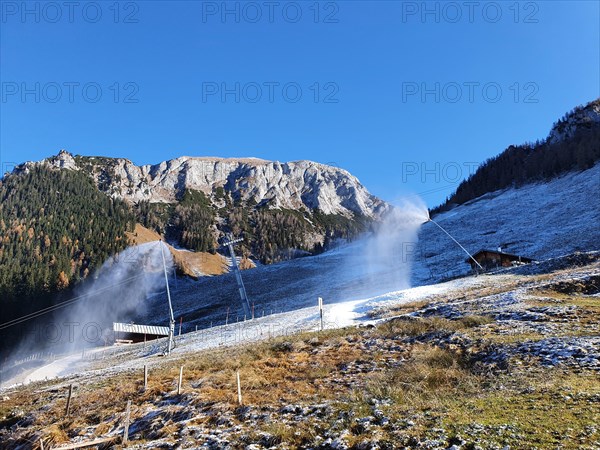Artificial snow machines in operation in late autumn at the Jenner middle station in the Berchtesgaden National Park