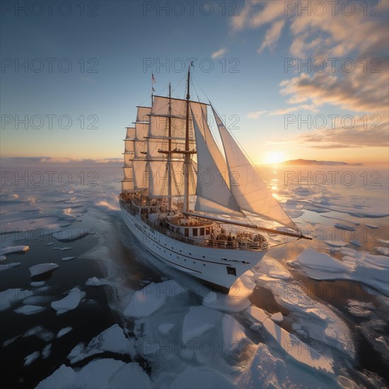 Aerial view modern multi-masted cruise sailing ship