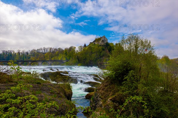 Rhine Falls and Swiss Flag with the Castle Laufen at Neuhausen in Schaffhausen