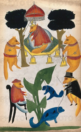 The Court of the Jackal Rajah. Based on an Indian proverb that says that even in the jungle the jackal can be king. The painting is based on two stories: The upper one shows a royal figure sitting on a divan with two servants