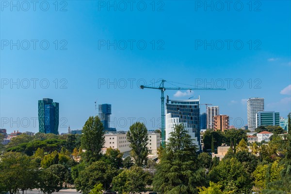 Very modern buildings seen from the Pyramid of Tirana near Skanderbeg Square in Tirana. Albania