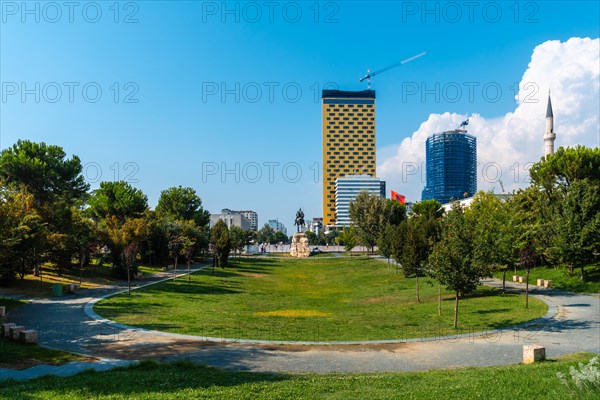 The beautiful Skanderbeg horse monument in Skanderbeg Square in Tirana seen from behind. Albania