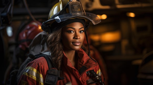 Female african american firefighter wearing protective helmet and gear at a fire incident