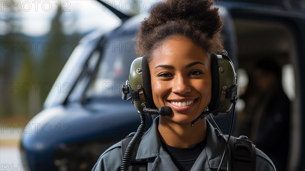 Female african american military helicopter pilot standing near her aircraft