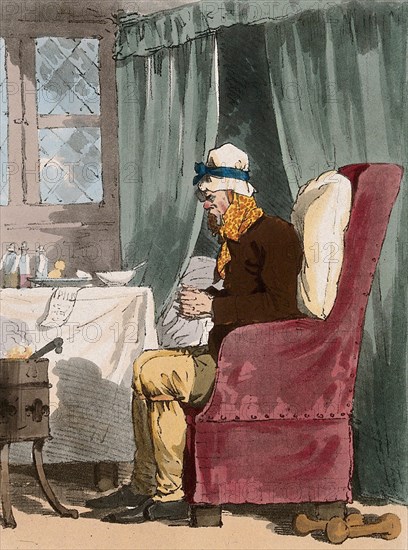 A seated hypochondriac trembling in front of a fire