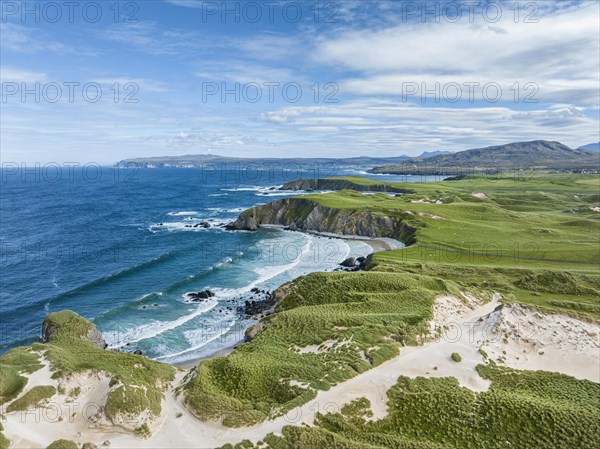Aerial view of the dune landscape on the Faraid Head peninsula with Durness Beach