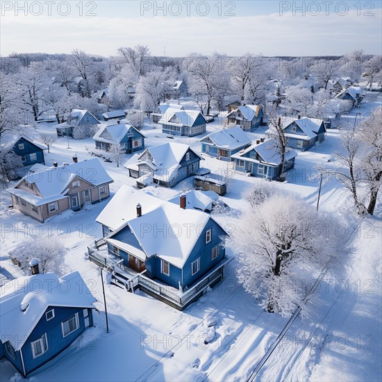 Aerial view of small settlement in winter with smoking chimneys