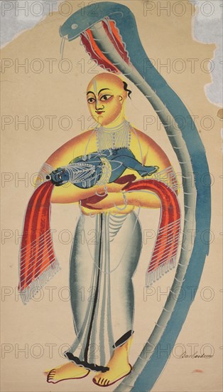 A serpent protects Vasudeva who is carrying his young son Krishna to safety