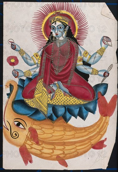 Saraswati sitting on a lotus with her elephant fish. Saraswati is the consort of Brahma. She is a river goddess praised for her fertilising and purifying water properties and as a giver of fertility