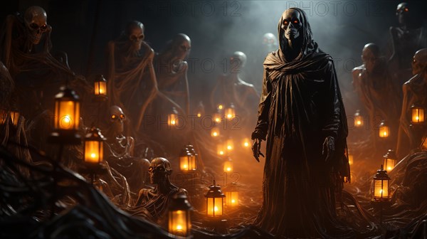 Terrifying gathering of skeleton beings haunting the foggy halloween night