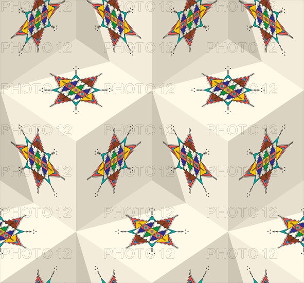 Decorative geometric repeating pattern inspired by Al-Qatt Al-Asiri traditional paintings