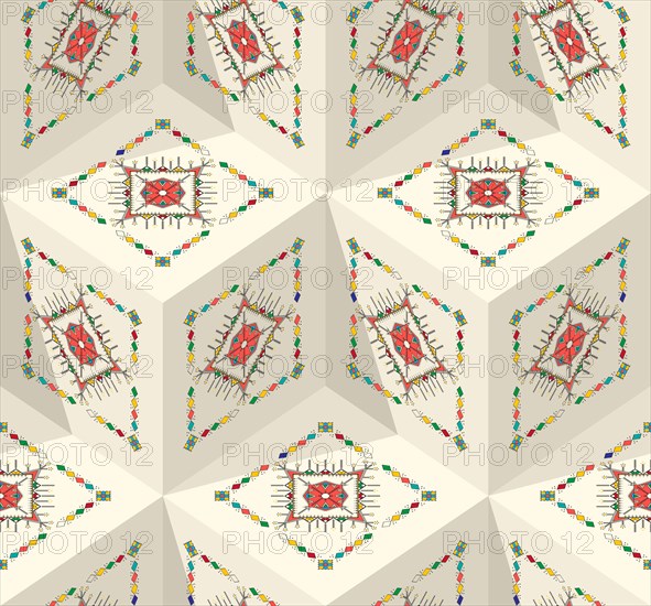 Decorative geometric repeating pattern inspired by Al-Qatt Al-Asiri traditional paintings