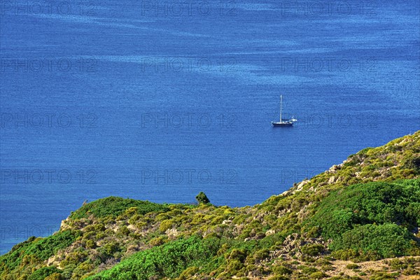 Single sailboat in calm blue sea and green hill in foregrounds