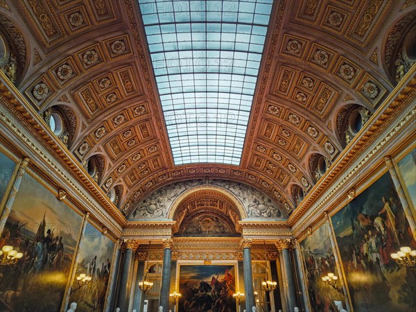 Beautiful architectural details of the Gallery of Great Battles in the palace of Versailles