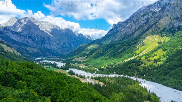 Panoramic aerial drone view of Valbona valley