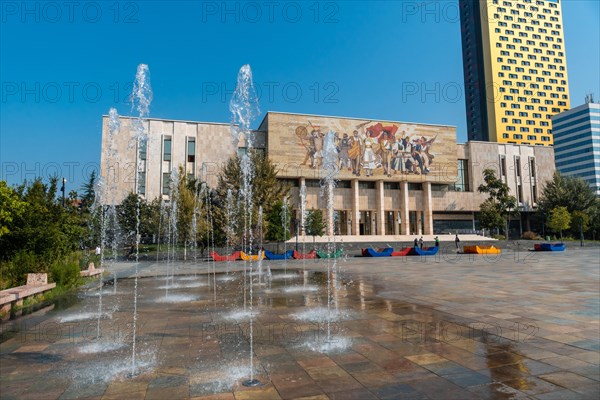 Water jets next to the National Historical Museum in Skanderbeg Square in Tirana. Albania