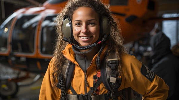 Female african american search and rescue helicopter pilot standing near her aircraft