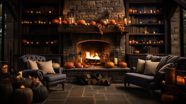 Fall and halloween decorated cozy fireplace interior setting